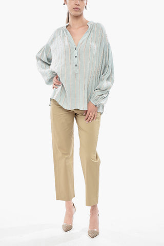 Blusa in Misto Lino a Righe con Scollo a V