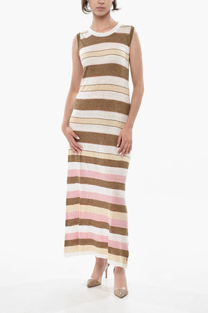Langes Ärmelloses Leinenkleid mit Streifen