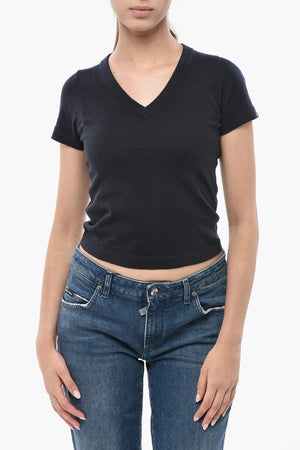 Maglia a Maniche Corte in Puro Cashmere con Collo a V