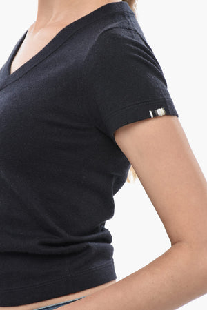 Maglia a Maniche Corte in Puro Cashmere con Collo a V