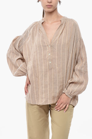 Striped Linen-Blend Blouse with V-Neck