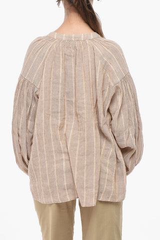 Blusa in Misto Lino a Righe con Scollo a V