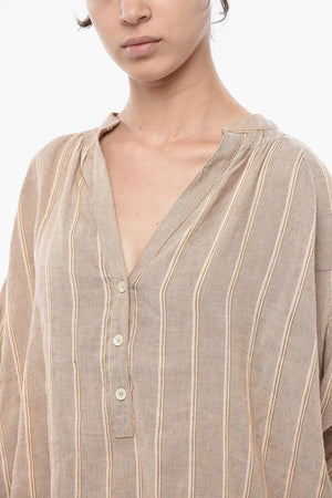 Striped Linen-Blend Blouse with V-Neck