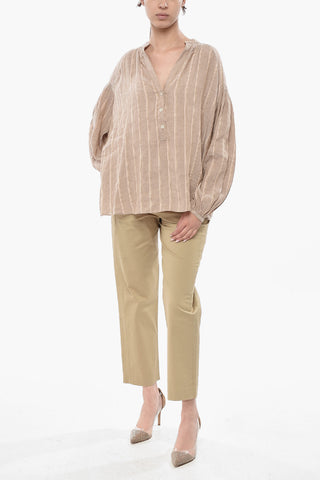 Blusa in Misto Lino a Righe con Scollo a V