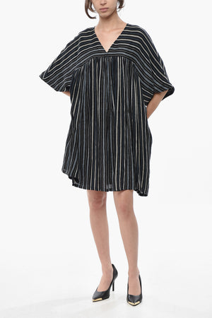 Gestreiftes Kleid Aus Leinenmischung SUMMER VARSITY Mit V-Ausschnitt