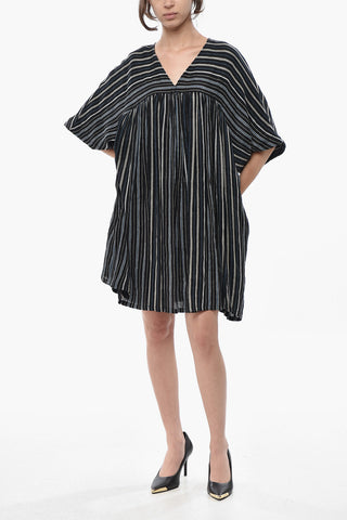 Vestito SUMMER VARSITY in Misto Lino a Righe con Scollo a V