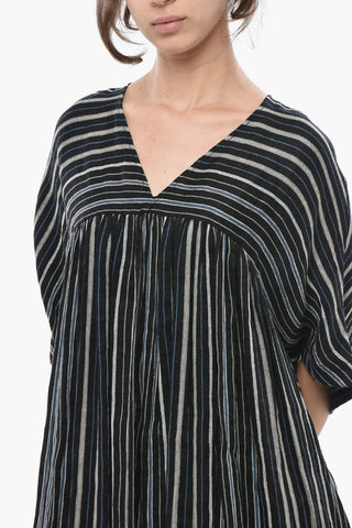 Vestito SUMMER VARSITY in Misto Lino a Righe con Scollo a V