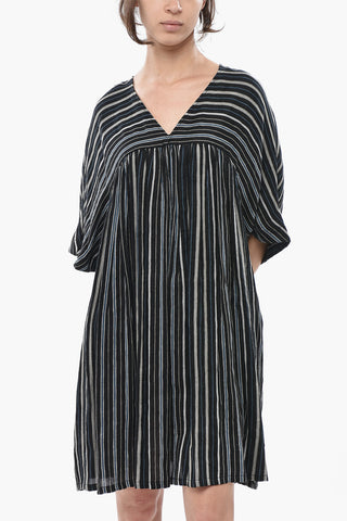 Vestito SUMMER VARSITY in Misto Lino a Righe con Scollo a V