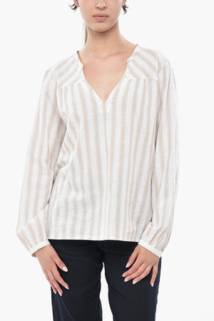 Blusa in Cotone e Lino a Righe con Scollo a V