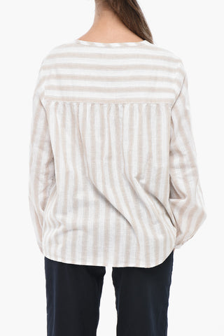 Blusa in Cotone e Lino a Righe con Scollo a V