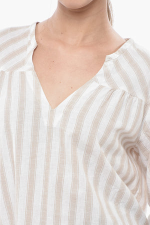 Blusa in Cotone e Lino a Righe con Scollo a V