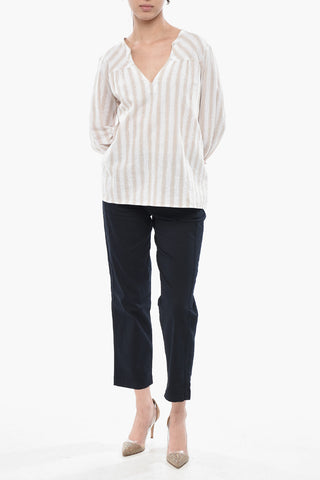 Blusa in Cotone e Lino a Righe con Scollo a V