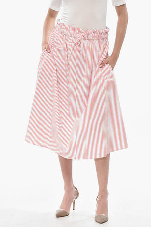 Striped Cotton Poplin Midi Skirt With Elastic Waist