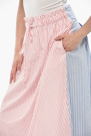 Striped Cotton Poplin Midi Skirt With Elastic Waist