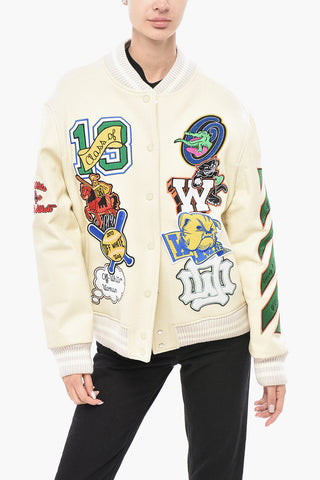 SEASONAL Bomber SLOGAN con Maniche in Pelle e Applicazioni