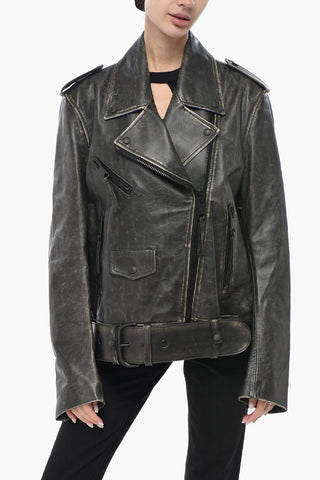 Vintage-Effect Leather Biker Jacket