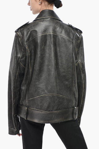 Vintage-Effect Leather Biker Jacket