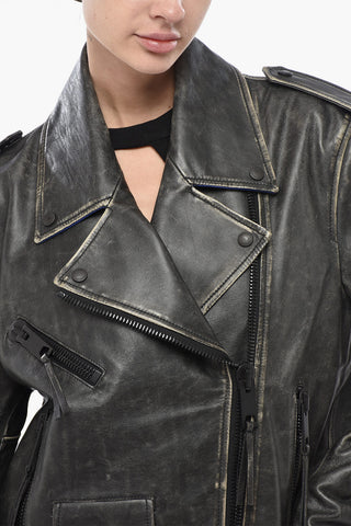 Vintage-Effect Leather Biker Jacket