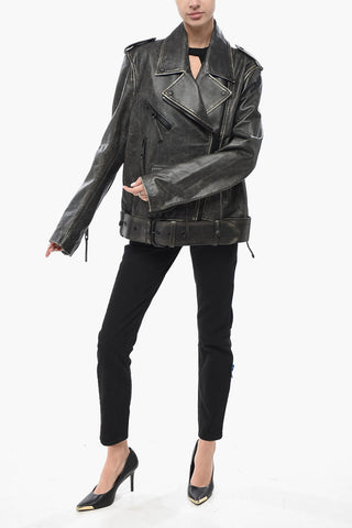 Vintage-Effect Leather Biker Jacket
