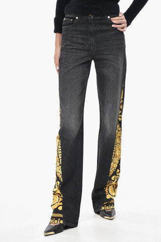 Jeans a Gamba Dritta con Inserti Motivo Barocco 22cm