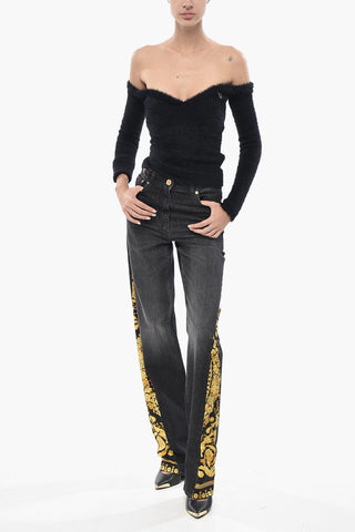 Jeans a Gamba Dritta con Inserti Motivo Barocco 22cm
