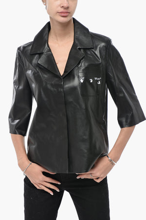 LEATHER Bowling-Bluse aus Leder mit Druckknöpfen