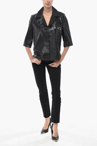 LEATHER Bowling-Bluse aus Leder mit Druckknöpfen