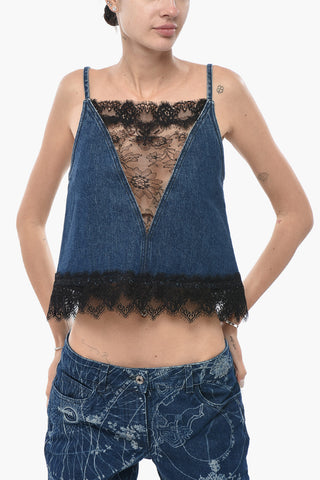 Slip-Top aus Denim mit Spitzen-Details