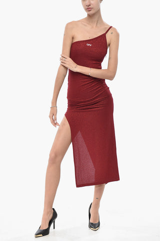 Lurex Knit Midi Sheath Dress with One-Shoulder Design