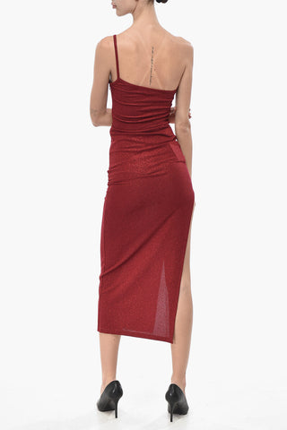 Lurex Knit Midi Sheath Dress with One-Shoulder Design