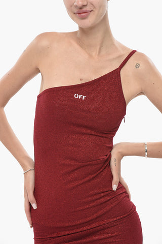 Lurex Knit Midi Sheath Dress with One-Shoulder Design