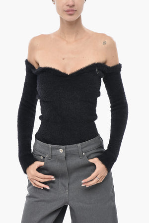 SEASONAL FUZZY Knit Sweater with Sweetheart Neckline