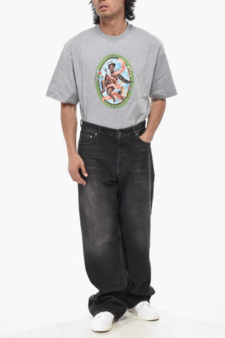 Loose Fit Washed Denim Jeans with 28cm Zip Detail