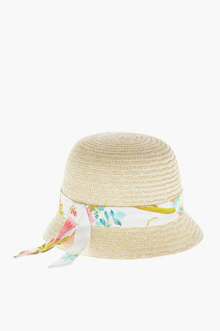 Cappello Cloche in Paglia con Nastro a Fantasia Floreale