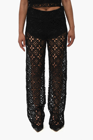 Pantaloni Palazzo in Misto Cotone Crochet con Zip Laterale