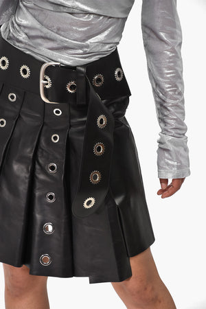 플리세 레더 미니스커트 EYELETS 벨트와 버클