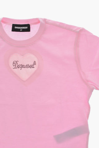 T-shirt Girocollo in Cotone con Logo in Strass