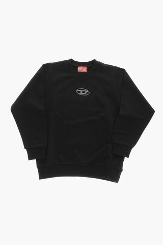 Brushed Cotton Crewneck Sweatshirt with Rhinestone Logo Detail
