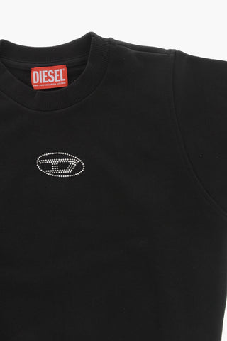 Brushed Cotton Crewneck Sweatshirt with Rhinestone Logo Detail