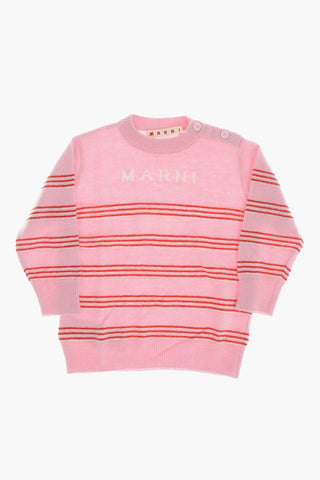 Wool-Blend Crewneck Striped Sweater with 2 Buttons