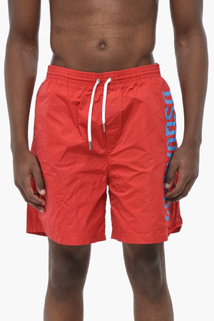 Solid-Color Boxer Swim Shorts with Printed Logo