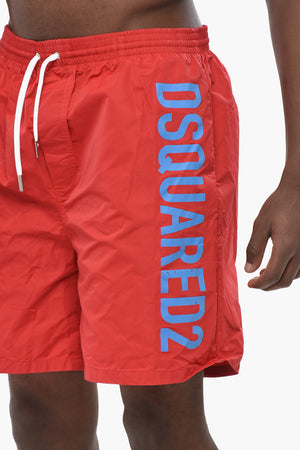Solid-Color Boxer Swim Shorts with Printed Logo