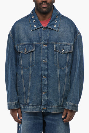 Dark Wash Denim Jacket With Decorative Eyelets