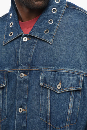 Dark Wash Denim Jacket With Decorative Eyelets