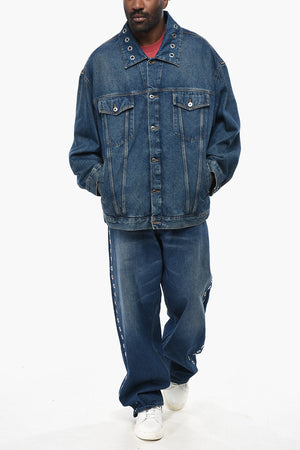 Dark Wash Denim Jacket With Decorative Eyelets