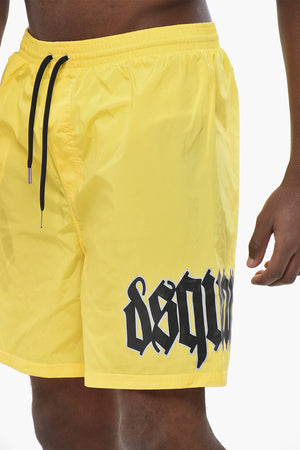 Solid-Color Boxer Swim Trunks with Contrast Logo