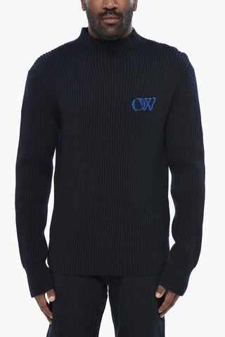 Maglia in Lana a Costine con Zip e Logo in Jacquard