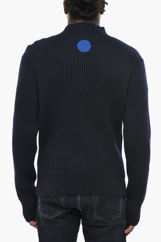 Maglia in Lana a Costine con Zip e Logo in Jacquard