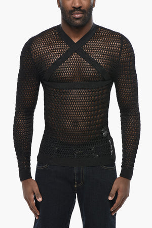 Rundhalspullover SHINY NET mit Criss-Cross-Detail