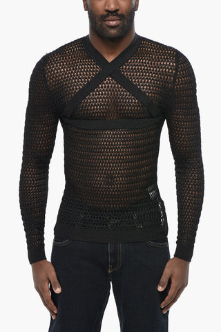 Rundhalspullover SHINY NET mit Criss-Cross-Detail